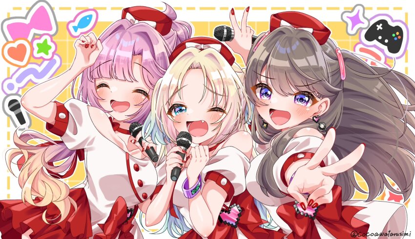 3girls :d ;d ^_^ anyoji_hime bare_shoulders blonde_hair blue_eyes blue_hair blush border breasts brown_hair choker closed_eyes collarbone commentary_request controller dotted_line dress fang frilled_dress frills fujishima_megumi fukune_koko game_controller gradient_hair grid_background hair_intakes half-closed_eye hat heart highres holding holding_microphone large_breasts link!_like!_love_live! long_hair looking_at_viewer love_live! microphone mira-cra_park! miracreation/elegance multi-tied_hair multicolored_hair multiple_girls nail_polish neck_ribbon off-shoulder_dress off_shoulder official_alternate_costume one_eye_closed open_mouth osawa_rurino outside_border pink_hair pixel_heart pixelated ponytail puffy_short_sleeves puffy_sleeves purple_eyes red_choker red_dress red_hat red_nails red_ribbon ribbon ribbon_choker short_sleeves smile teeth twintails twitter_username two-tone_dress two_side_up v-shaped_eyebrows virtual_youtuber white_border white_dress yellow_background