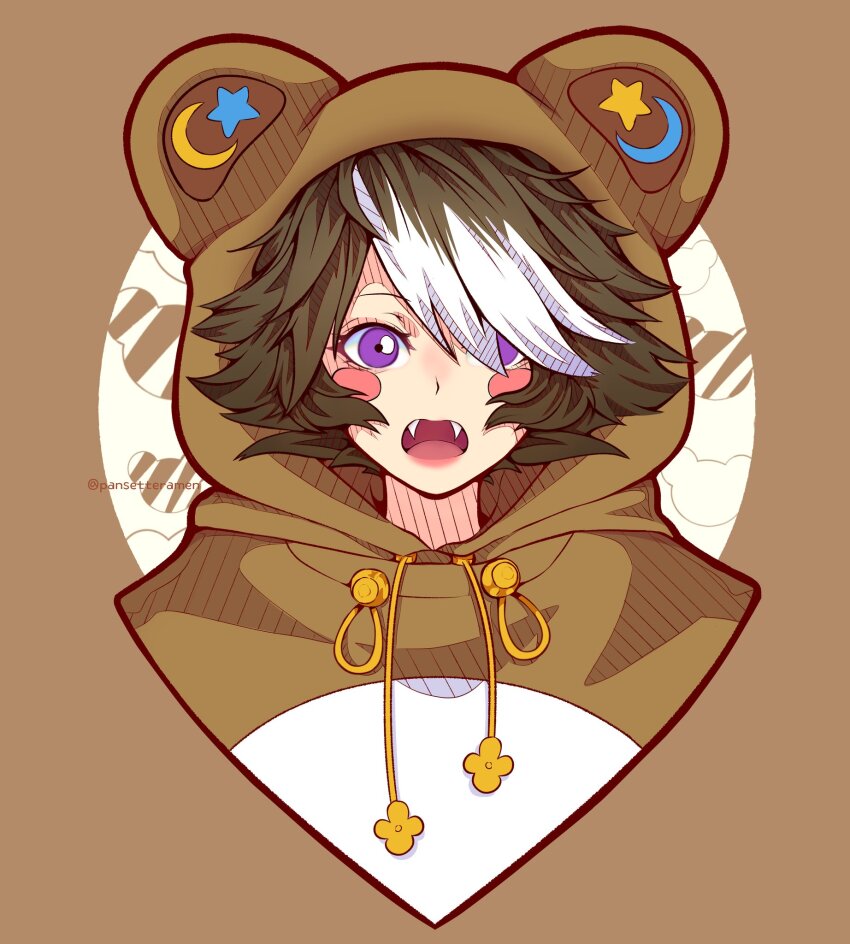 1girl animal_costume animal_ears arknights bear_ears beehunter_(arknights) beehunter_(honey_pilferer)_(arknights) brown_hair hair_over_one_eye highres hood looking_at_viewer multicolored_hair official_alternate_costume open_mouth pansetteramen purple_eyes short_hair simple_background solo streaked_hair two-tone_hair white_hair