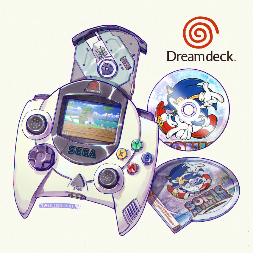 artist_name cd cd_case chromatic_aberration dated dreamcast english_text handheld_game_console highres iwse_zhang logo no_humans original sega signature sonic_adventure sonic_adventure_pose sonic_the_hedgehog still_life