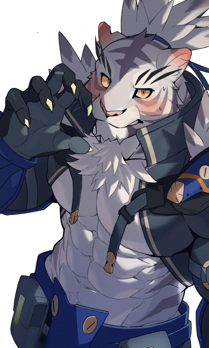1boy abs absurdres bara blush furry furry_male grey_fur highres large_pectorals lvluri_(murimurri670) muscular muscular_male navel navel_hair nimbus_(world_flipper) pectoral_cleavage pectorals sidepec tiger_boy world_flipper yellow_eyes