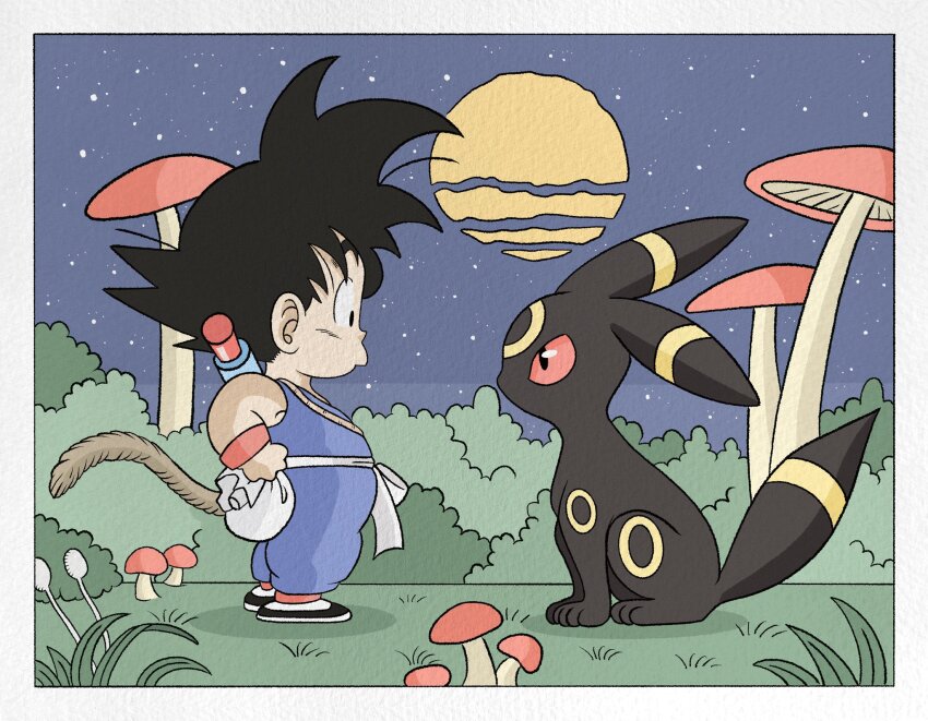 1boy black_fur black_hair border crossover dragon_ball full_moon gen_2_pokemon highres looking_at_another moon mushroom night nintendo outside_border pokemon pokemon_(creature) red_eyes son_goku tail two-tone_fur umbreon weapon weapon_on_back wesatinthecar white_border yellow_fur