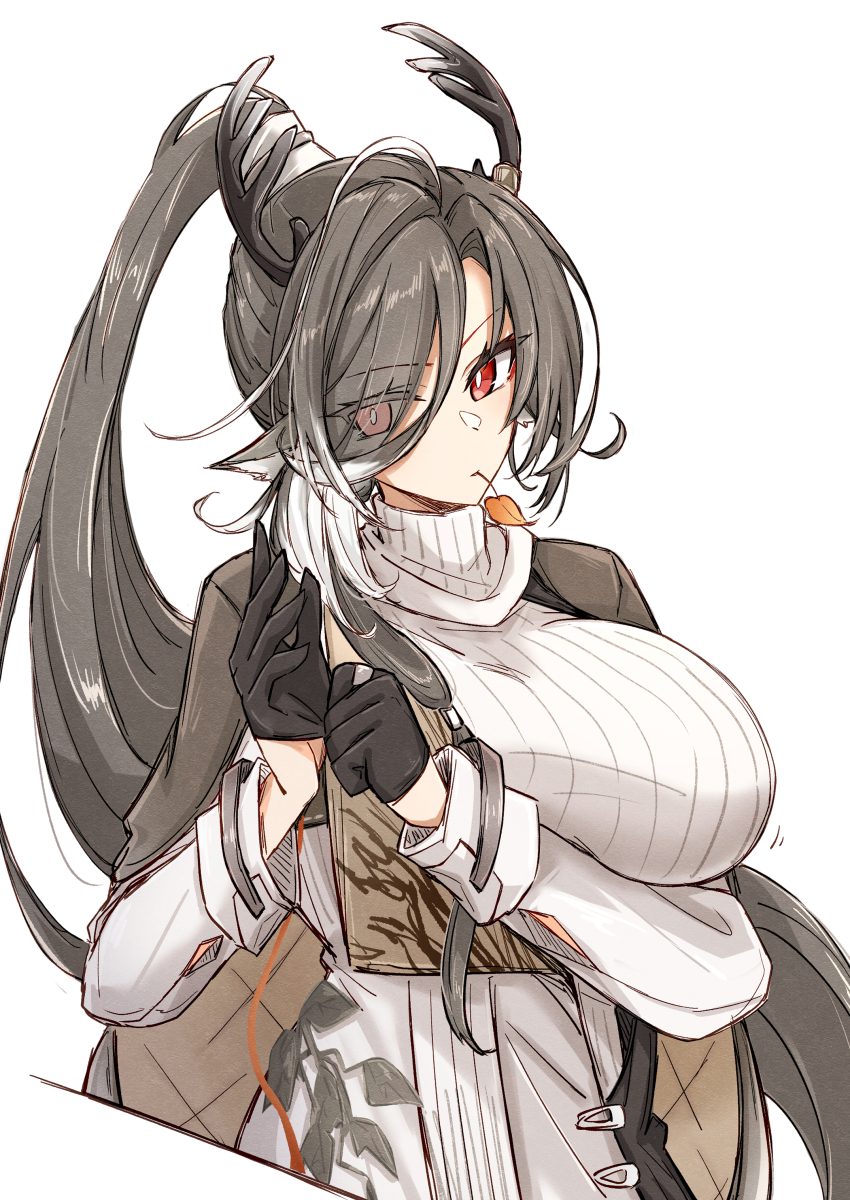 1girl absurdres adjusting_clothes adjusting_gloves animal_ears antlers arknights arm_under_breasts black_gloves breasts brown_cape cape commentary deer_antlers deer_ears deer_girl dress eyes_visible_through_hair gloves grey_hair hair_over_one_eye half_gloves highres horns large_breasts leaf_in_mouth long_hair long_sleeves maiq06 official_alternate_costume parted_bangs ponytail qiubai_(arknights) qiubai_(wine-flushed_is_woods_of_rime)_(arknights) quilted_cape red_eyes simple_background solo sweater sweater_dress turtleneck turtleneck_dress turtleneck_sweater upper_body white_background white_dress yellow_leaf