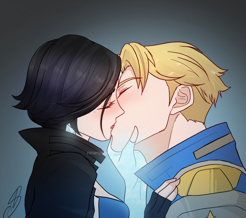 1boy 1girl artist_name asymmetrical_gloves black_hair black_jacket blonde_hair blue_eyes blue_jacket blush closed_eyes couple earrings french_kiss gloves glowing hand_on_another&#039;s_chest hand_on_another&#039;s_face heterochromia highres jacket jewelry kiss luna_snow marvel marvel_rivals mismatched_gloves multicolored_hair non-web_source peter_quill short_hair simple_background star-lord