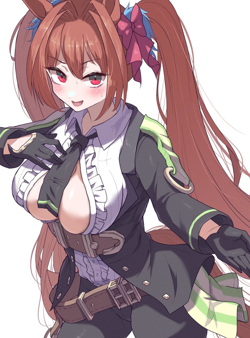 1girl animal_ears antenna_hair belt black_gloves black_jacket black_necktie black_pants blush breasts brown_belt center_opening cleavage collared_shirt commentary_request cosplay cowboy_shot daiwa_scarlet_(umamusume) frilled_shirt frills fuji_kiseki_(umamusume) fuji_kiseki_(umamusume)_(cosplay) gloves hair_between_eyes hair_intakes hand_on_own_chest highres horse_ears horse_girl horse_tail itosu200 jacket large_breasts long_hair looking_at_viewer necktie open_mouth pants red_eyes red_hair shirt simple_background smile solo striped_clothes striped_shirt tail twintails umamusume very_long_hair white_background white_shirt
