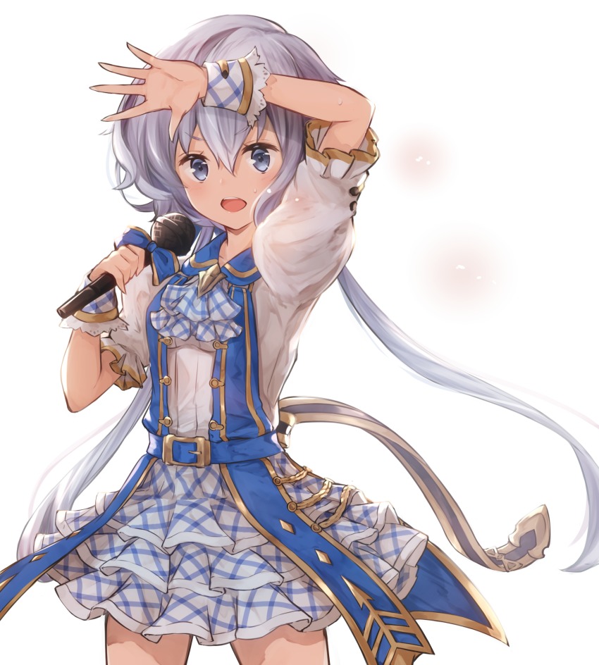 10s 1girl alisia0812 alternate_costume arm_up belt bow female_focus granblue_fantasy grey_eyes highres idol kimi_to_boku_no_mirai konno_junko long_hair looking_at_viewer low_twintails microphone open_mouth open_palm puffy_sleeves short_sleeves silver_hair skirt solo twintails very_long_hair white_background wrist_cuffs zombie_land_saga