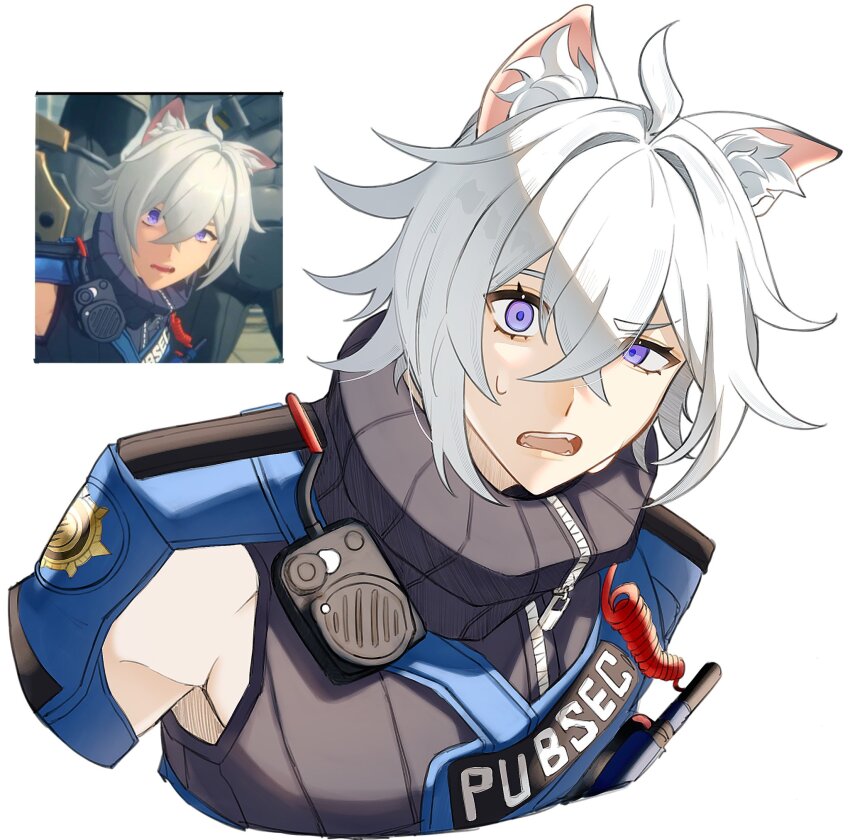 1boy animal_ear_fluff animal_ears cat_boy cat_ears clothes_writing cropped_shoulders crossed_bangs hair_between_eyes hara_(pakarattyo) highres looking_at_viewer male_focus open_mouth purple_eyes reference_inset screenshot_inset seth_lowell simple_background sweat upper_body white_background white_hair zenless_zone_zero zipper zipper_pull_tab