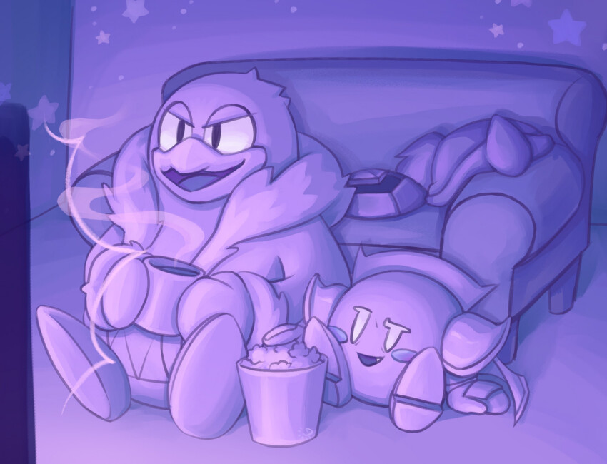 armor blush_stickers cape couch cup daycolors fang food hat holding holding_cup king_dedede kirby_(series) mask meta_knight nintendo pauldrons popcorn purple_theme shoulder_armor sitting star_(symbol) unworn_hat unworn_headwear unworn_mask
