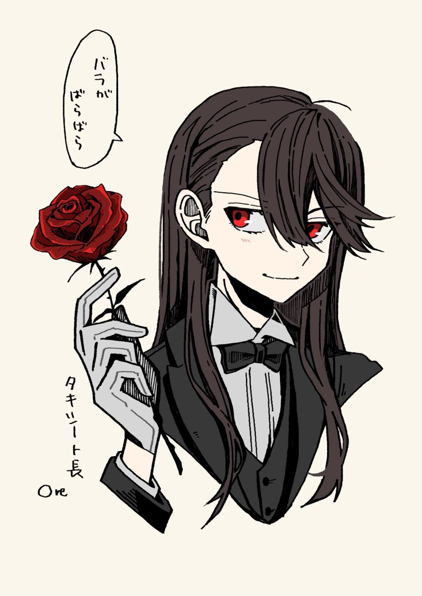 1girl alternate_costume alternate_hairstyle artist_name black_bow black_bowtie black_hair blush bow bowtie closed_mouth fate/grand_order fate_(series) flower formal_clothes gloves goma1021 hair_between_eyes highres holding holding_flower long_hair long_sleeves oda_nobunaga_(fate) oda_nobunaga_(koha-ace) petals red_eyes red_flower red_rose rose simple_background smile solo speech_bubble suit thorns upper_body white_background white_gloves