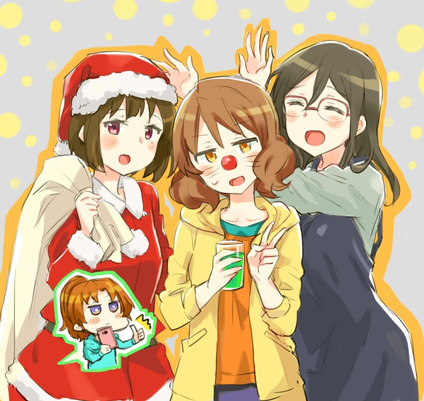 4girls amano_shin arms_up bag black_hair brown_hair cellphone closed_eyes commentary drink facial_mark glass glasses grey_background hat hibike!_euphonium highres holding holding_bag holding_drink holding_sack long_hair medium_hair multiple_girls nakagawa_natsuki nakaseko_kaori orange_outline oumae_kumiko outline phone polka_dot polka_dot_background red_nose sack santa_costume santa_hat smartphone smile sweatdrop tanaka_asuka thumbs_up v whisker_markings