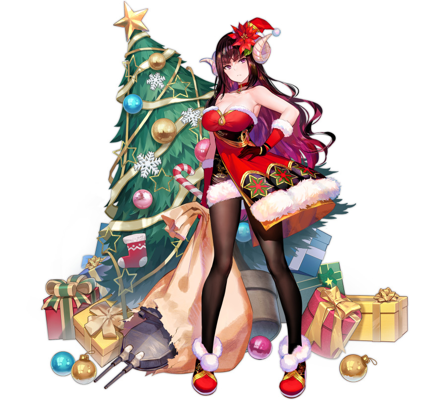 1girl armpits azur_lane bare_shoulders black_hair black_pantyhose blunt_bangs box breasts candy candy_cane choker christmas_tree closed_eyes closed_mouth curled_horns dress flower food frown fur-trimmed_dress fur-trimmed_gloves fur_trim fuzichoco gift gift_box gloves hair_flower hair_ornament hand_on_own_hip hat highres horns house large_breasts long_hair multicolored_hair official_alternate_costume official_art open_mouth pantyhose pink_hair red_flower santa_hat smile snow standing strapless strapless_dress suruga_(azur_lane) suruga_(uneventful_holiday_greetings)_(azur_lane) transparent_background two-tone_hair