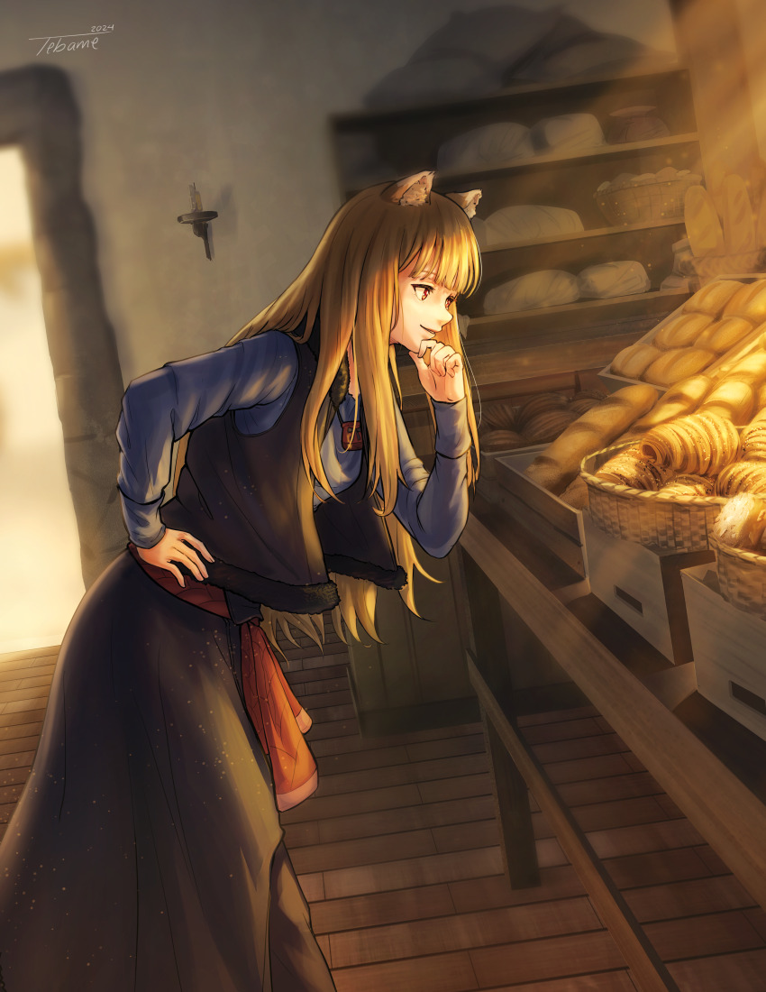 1girl absurdres animal_ears bakery bent_over black_skirt black_vest blue_shirt blunt_bangs bread brown_hair food from_side hair_between_eyes hand_on_own_chin hand_on_own_hip highres holo indoors long_hair red_eyes red_sash sash shirt shop sidelocks skirt spice_and_wolf tebame vest wolf_ears wolf_girl