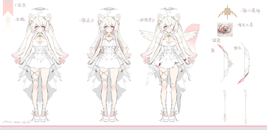 1girl ahoge angel_wings animal_ear_fluff animal_ears arin_(fanfan013) arrow_(symbol) artist_name bandaid bandaid_on_knee bandaid_on_leg bow bow_(weapon) breasts chinese_commentary chinese_text cleavage cleavage_cutout closed_mouth clothing_cutout collared_dress colored_tips commentary_request commission dress dress_bow drill_hair eyelashes eyepatch feathered_wings footwear_ribbon frilled_dress frills halo highres knees large_breasts leg_ribbon long_hair mary_janes medical_eyepatch multicolored_hair original pink_eyes pink_hair ribbon shoes short_dress simple_background sleeveless sleeveless_dress smile squirrel_ears squirrel_tail standing straight-on tail thigh_ribbon translation_request twin_drills variations weapon white_background white_bow white_dress white_footwear white_hair white_ribbon white_wings wings