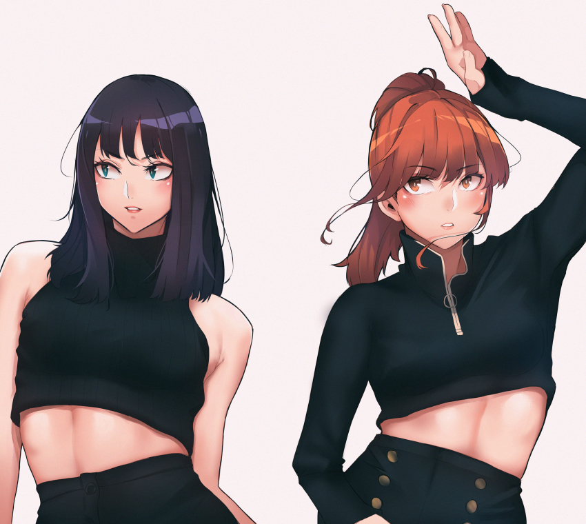 2girls absurdres animification black_hair black_shorts black_sweater blue_eyes blush breasts brown_hair commentary crop_top high-waist_pants highres k-pop leaning_to_the_side long_hair looking_to_the_side looking_up medium_breasts mina_(twice) momo_(twice) multiple_girls open_hand pants parted_lips ponytail real_life shorts sweater symbol-only_commentary twice_(group) vuxer