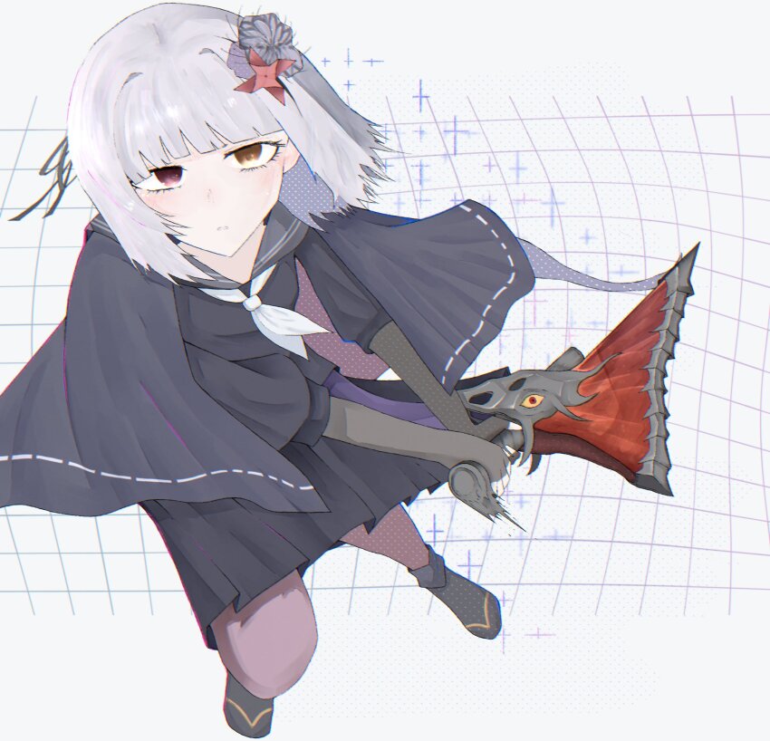 1girl ankle_boots assault_lily black_bow black_capelet black_ribbon black_serafuku black_shirt black_skirt blunt_bangs boots bow brown_pantyhose capelet commentary elbow_gloves fighting_stance fingerless_gloves flower gloves grey_background grey_flower grey_gloves grey_hair grey_sailor_collar grid_background hair_flower hair_ornament hair_ribbon halftone halftone_background heterochromia highres holding holding_sword holding_weapon light_blush long_hair looking_at_viewer miniskirt neckerchief on_(phantasm_flower) pantyhose parted_lips pink_eyes ribbon ribbon-trimmed_capelet ribbon_trim sailor_collar school_uniform serafuku shirt skirt solo sparkle standing sword three-quarter_sleeves two-handed weapon white_neckerchief yamaguchi_chihiro_(assault_lily) yellow_eyes