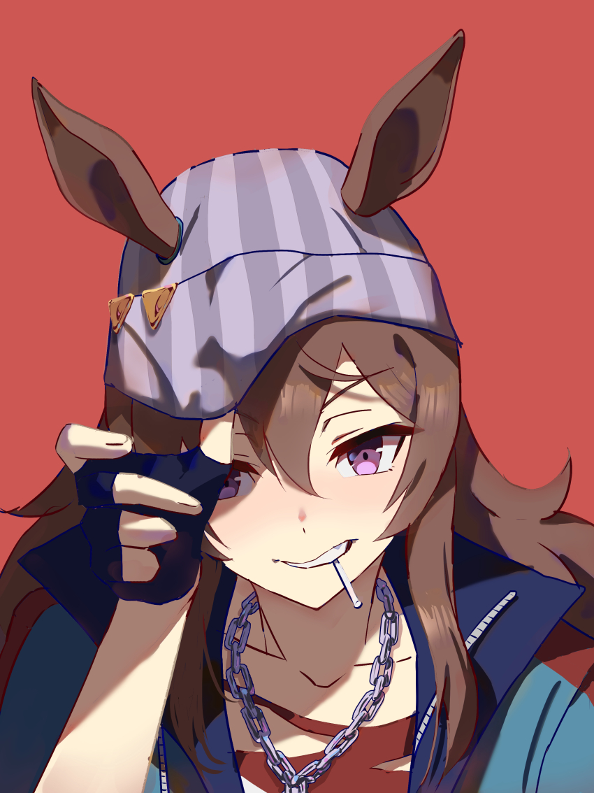 1girl absurdres animal_ears beanie blue_jacket brown_hair ear_ornament ears_through_headwear grey_hat hair_between_eyes hat headphones highres horse_ears horse_girl horseshoe_ornament jacket long_hair looking_at_viewer messy_hair nakayama_festa_(umamusume) no_uwazumi purple_eyes red_background shirt solo umamusume upper_body white_shirt