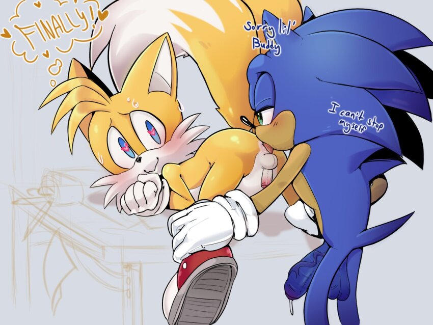 2boys anilingus animal_ears anus artist_request ass blue_eyes blue_fur english_text fox_boy fox_ears fox_tail furry furry_male furry_with_furry gloves green_eyes grey_background heart heart-shaped_pupils hedgehog_boy leg_grab male_focus multiple_boys multiple_tails nude penis precum red_shoes shoes shota sonic_(series) sonic_the_hedgehog speech_bubble sweat symbol-shaped_pupils tail tails_(sonic) testicles thought_bubble top-down_bottom-up two_tails uncensored veins veiny_penis white_gloves yaoi yellow_fur