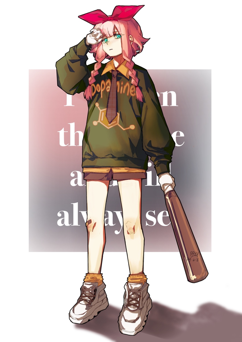 1girl absurdres alternate_costume arknights artist_name bandaid bandaid_on_knee bandaid_on_leg baseball_bat blue_eyes bow braid chemical_structure dated english_text gloves green_sweater hair_bow highres holding holding_baseball_bat may_(arknights) orange_shirt orange_socks pink_hair red_bow rryy shirt shoes short_hair_with_long_locks sneakers socks solo sweater twin_braids white_background white_gloves white_shoes