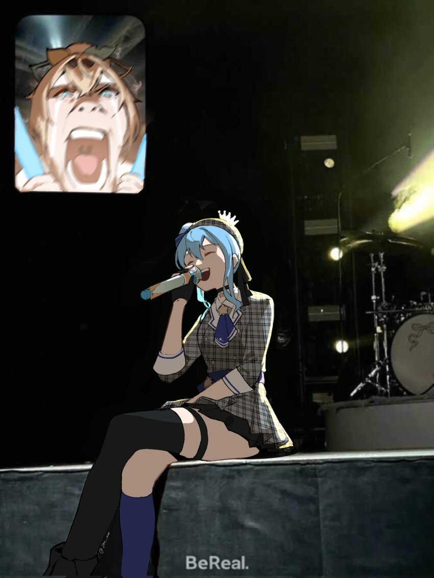 2girls :d aqua_eyes ascot asymmetrical_legwear bereal beret black_choker black_footwear black_gloves black_skirt black_thighhighs blonde_hair blue_ascot blue_hair blue_socks blurry bow brown_bow brown_hairband buttons choker closed_eyes collared_shirt corrupted_twitter_file crown crying crying_with_eyes_open dark double-breasted drum drum_set fan_screaming_at_madison_beer_(meme) gloves glowstick green_bow grey_hat grey_jacket grey_skirt hair_bow hairband hashtag-only_commentary hat highres holding holding_glowstick holding_microphone hololive hoshimachi_suisei hoshimachi_suisei_(1st_costume) instrument jacket jon_eve kazama_iroha kazama_iroha_(1st_costume) kneehighs layered_skirt long_hair meme microphone multiple_girls music nose open_mouth partially_fingerless_gloves photo_background plaid_clothes plaid_jacket plaid_skirt pleated_skirt screaming shirt sidelocks singing sitting skirt three-quarter_sleeves smile socks stage stage_lights star_(symbol) star_choker tears teeth thigh_strap thighhighs throat two-tone_bow uneven_legwear virtual_youtuber white_shirt