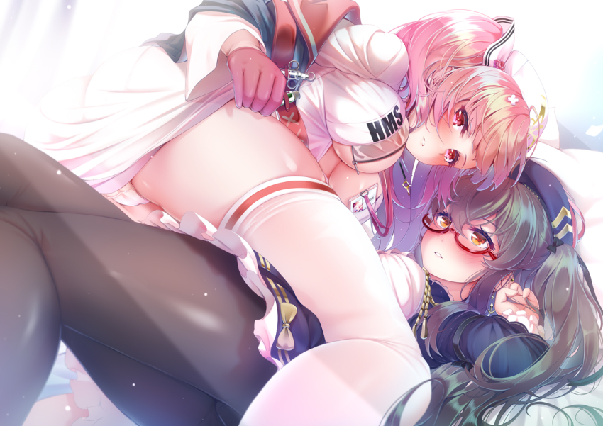 2girls azur_lane beret black_hair black_legwear blush breasts center_opening clothes_lift dress dress_lift framed_breasts gloves hair_spread_out half_gloves hat id_card imo_bouya lanyard large_breasts lifting_own_clothes london_(azur_lane) london_(retrofit)_(azur_lane) lying lying_on_person multiple_girls nurse nurse_cap official_alternate_costume on_back on_person panties pantyhose pantyshot perseus_(azur_lane) perseus_(unfamiliar_duties)_(azur_lane) pink_eyes pink_gloves pink_hair purple_dress purple_headwear red-framed_eyewear red_eyes retrofit_(azur_lane) semi-rimless_eyewear thighhighs thighs twintails under-rim_eyewear underwear white_dress white_headwear white_panties yuri