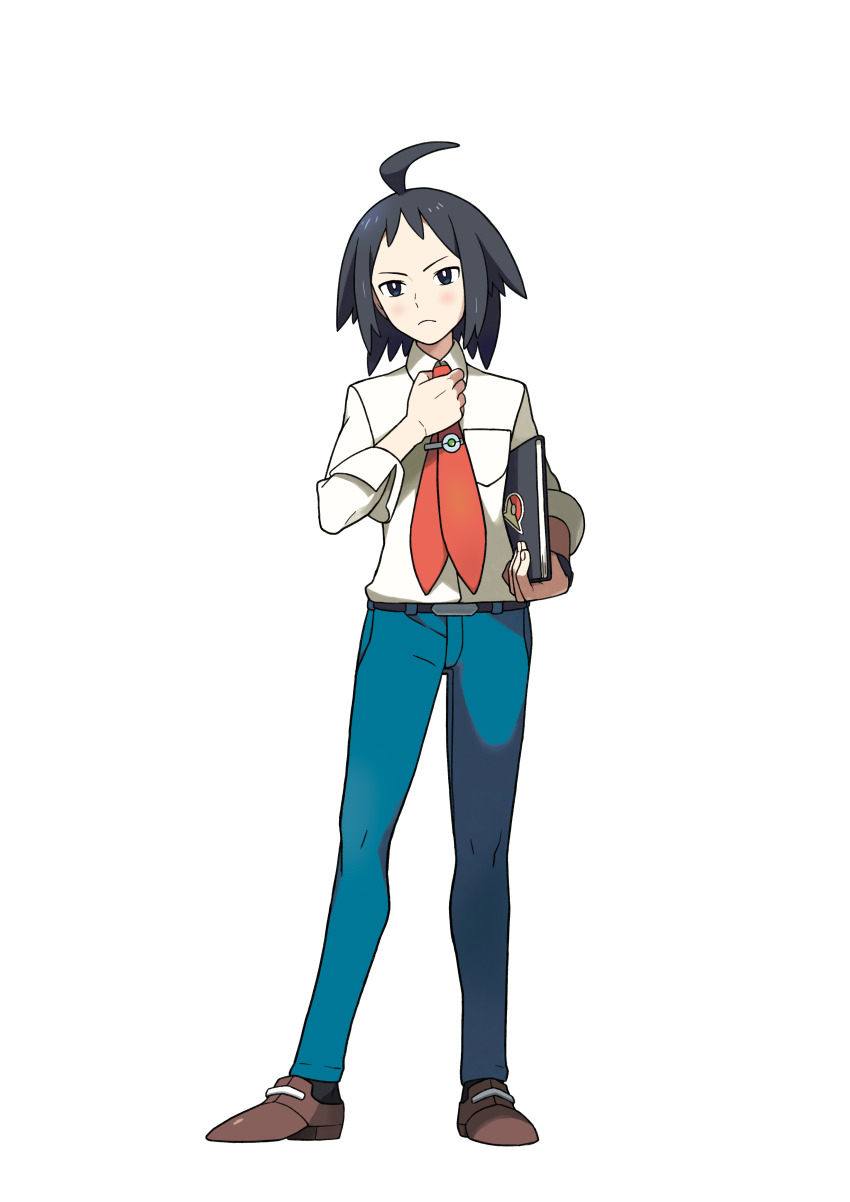 1boy absurdres adjusting_neckwear ahoge belt belt_buckle black_eyes black_hair black_socks blush breast_pocket bright_pupils brown_shoes buckle cheren_(pokemon) closed_mouth collared_shirt frown full_body hand_up highres holding knees male_focus necktie nintendo official_art oomura_yuusuke pants pocket pokemon pokemon_bw2 shirt shoes short_hair sleeves_rolled_up socks solo standing tie_clip transparent_background white_pupils white_shirt