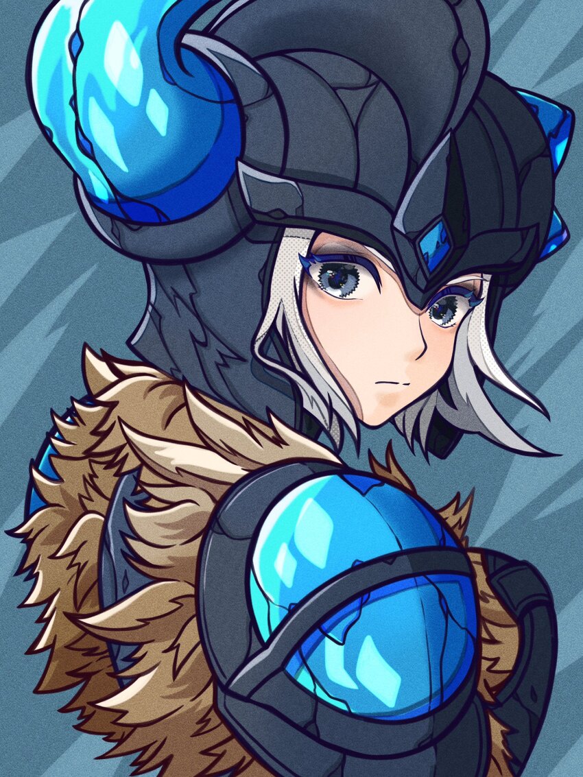 1girl blue_eyes closed_mouth expressionless from_behind fur_trim grey_background helmet highres horns kawaguti_kappa league_of_legends looking_at_viewer looking_back sejuani short_hair simple_background solo upper_body white_hair