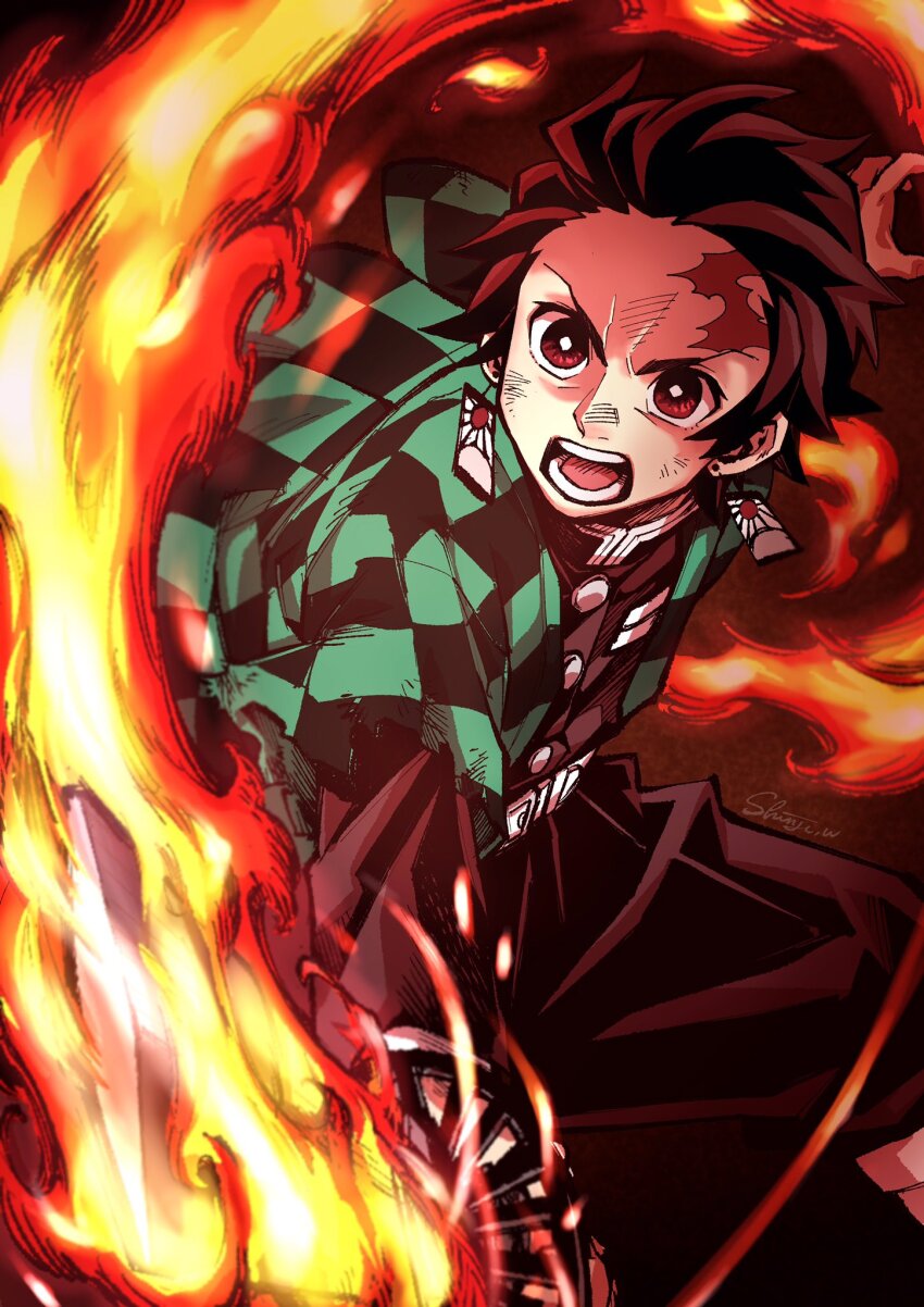 1boy black_pants brown_eyes brown_hair checkered_haori demon_slayer_uniform earrings fire flaming_sword flaming_weapon furrowed_brow hanafuda_earrings haori highres jewelry kamado_tanjirou kimetsu_no_yaiba male_focus matsugi_zuntaro open_mouth pants scar scar_on_face scar_on_forehead solo