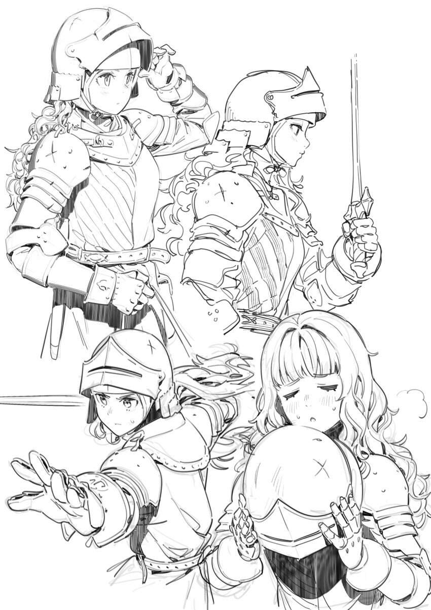 1girl absurdres armor closed_mouth cowboy_shot curly_hair ddal fighting_stance helmet highres holding holding_helmet holding_sword holding_weapon knight lineart long_hair monochrome multiple_views open_mouth original profile sweat sword tagme weapon