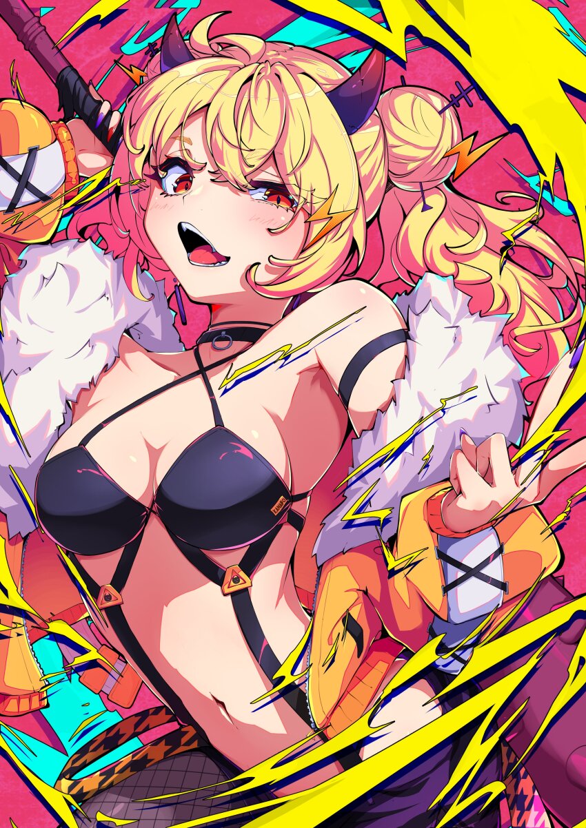 1girl absurdres black_choker black_dress blonde_hair breasts character_request choker colorful_background commentary_request copyright_request cowboy_shot criss-cross_halter criss-cross_straps crossed_bangs double-parted_bangs dress hair_between_eyes hair_bun hair_ornament halterneck highres holding holding_weapon horns karan_koron100 looking_at_viewer medium_breasts medium_hair navel open_mouth red_eyes revealing_clothes solo stomach uneven_eyes weapon