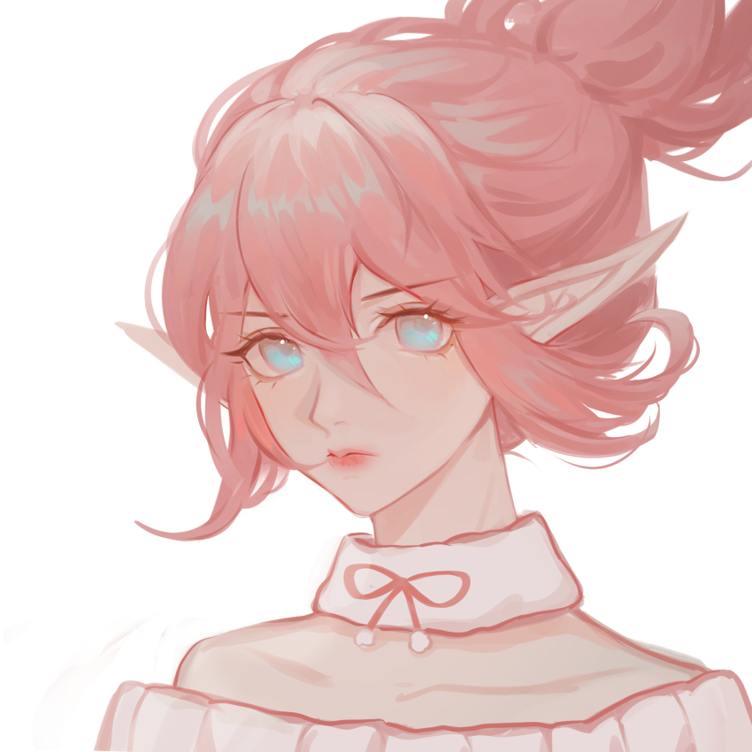 1girl alternate_hair_color closed_mouth collarbone commentary_request detached_collar green_eyes hair_between_eyes hair_up highres janna_(league_of_legends) league_of_legends neck_ribbon pink_ribbon pointy_ears ponytail portrait ribbon saikayo simple_background solo white_background