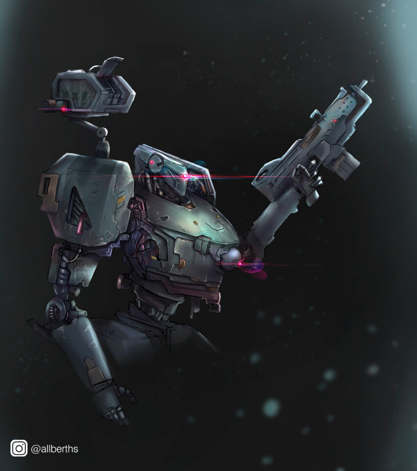 abosargsyan absurdres armored_core artificial_eye gun highres holding holding_gun holding_weapon machinery mecha mechanical_arms mechanical_eye mechanical_hands mechanization missile_pod one-eyed robot science_fiction weapon