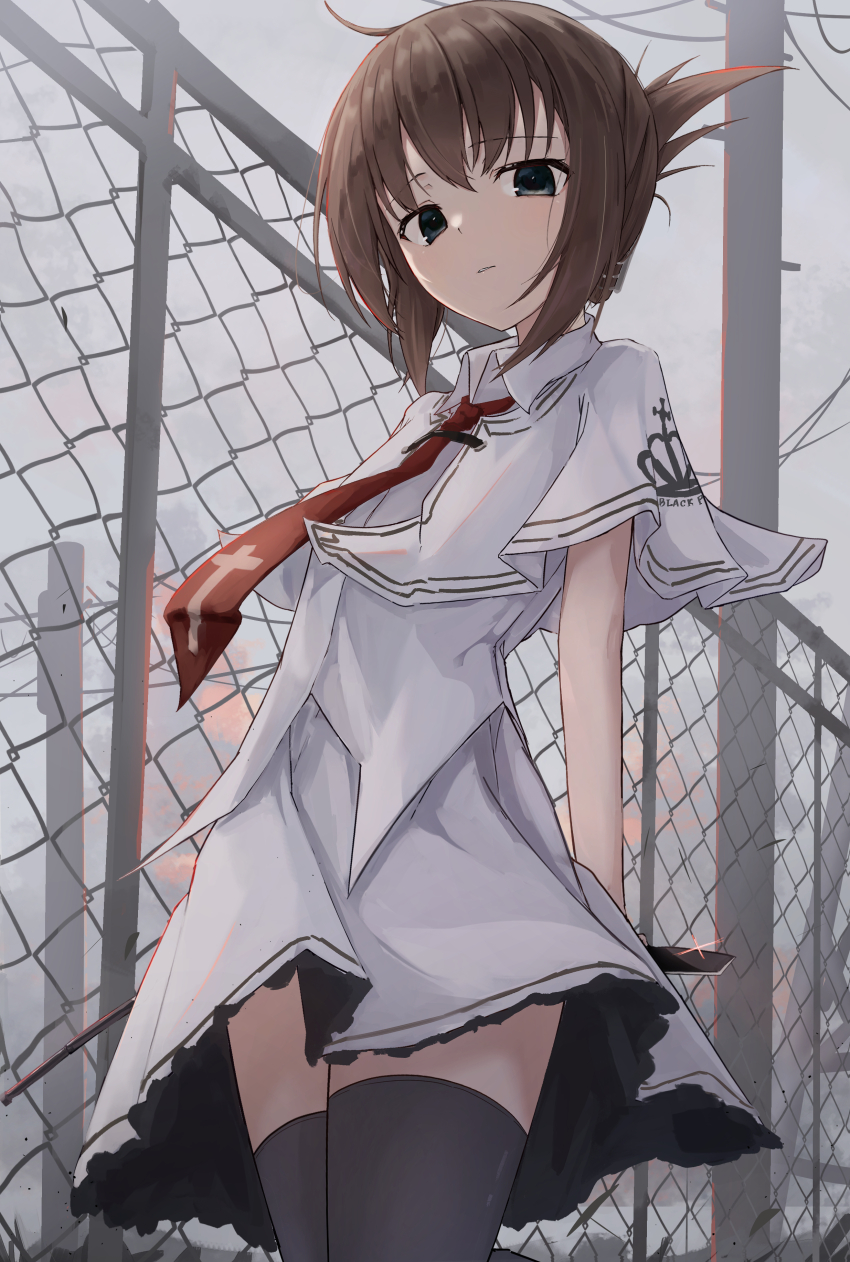 1girl absurdres arms_behind_back black_thighhighs capelet chain-link_fence cloud cloudy_sky collared_shirt commentary cowboy_shot crown_print day fence floating_neckwear folded_ponytail glint grey_eyes hair_between_eyes highres knife looking_at_viewer necktie outdoors parted_lips print_capelet railing red_necktie school_uniform shirt sky solo subarashiki_hibi tachibana_kimika takoyaki032002 thighhighs white_capelet white_shirt zettai_ryouiki