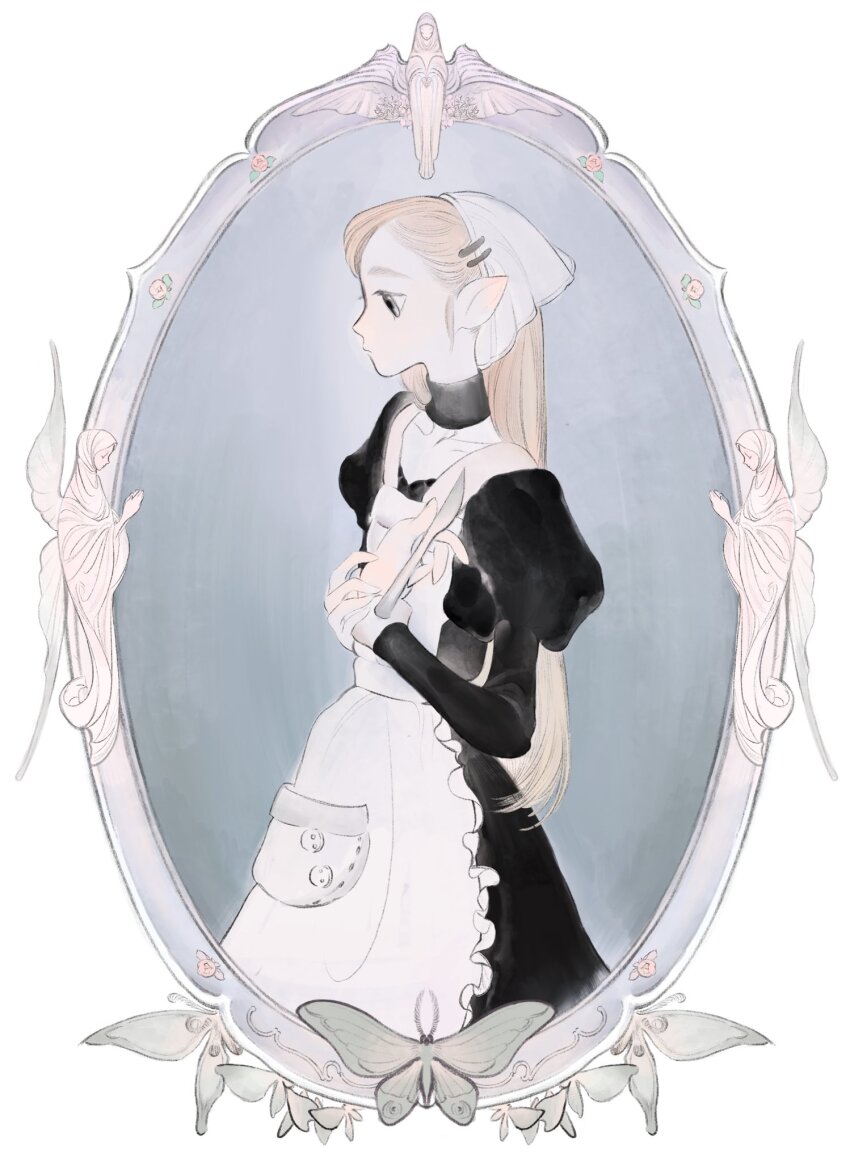 1girl angel apron asymmetrical_bangs black_dress blonde_hair border bug closed_mouth collarbone commentary dress elf expressionless feet_out_of_frame from_side hair_ornament hairclip hand_on_own_chest headscarf highres holding holding_knife holding_own_wrist insect juliet_sleeves knife long_hair long_sleeves looking_down maid maid_apron moth neck_warmer opood original oval_image picture_frame pointy_ears profile puffy_sleeves sleeve_cuffs solo standing symbol-only_commentary white_apron white_border white_eyes