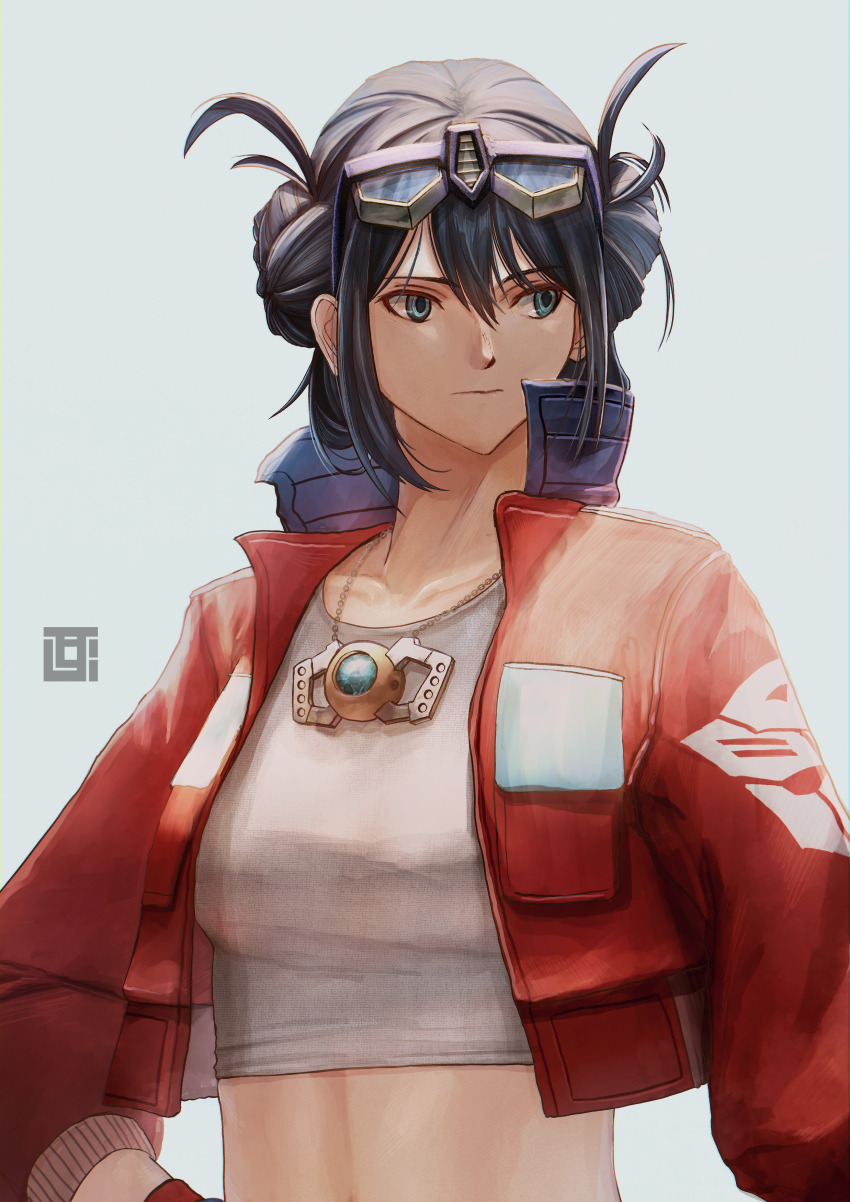 1girl absurdres blue_eyes blue_hair breasts collarbone crop_top cropped_shirt dark_blue_hair double_bun grey_shirt hair_behind_ear hair_bun highres jacket jewelry kotobukiya_bishoujo kozsen_810290 looking_to_the_side matrix_of_leadership medium_breasts necklace optimus_prime optimus_prime_(kotobukiya_bishoujo) red_jacket shirt solo transformers upper_body