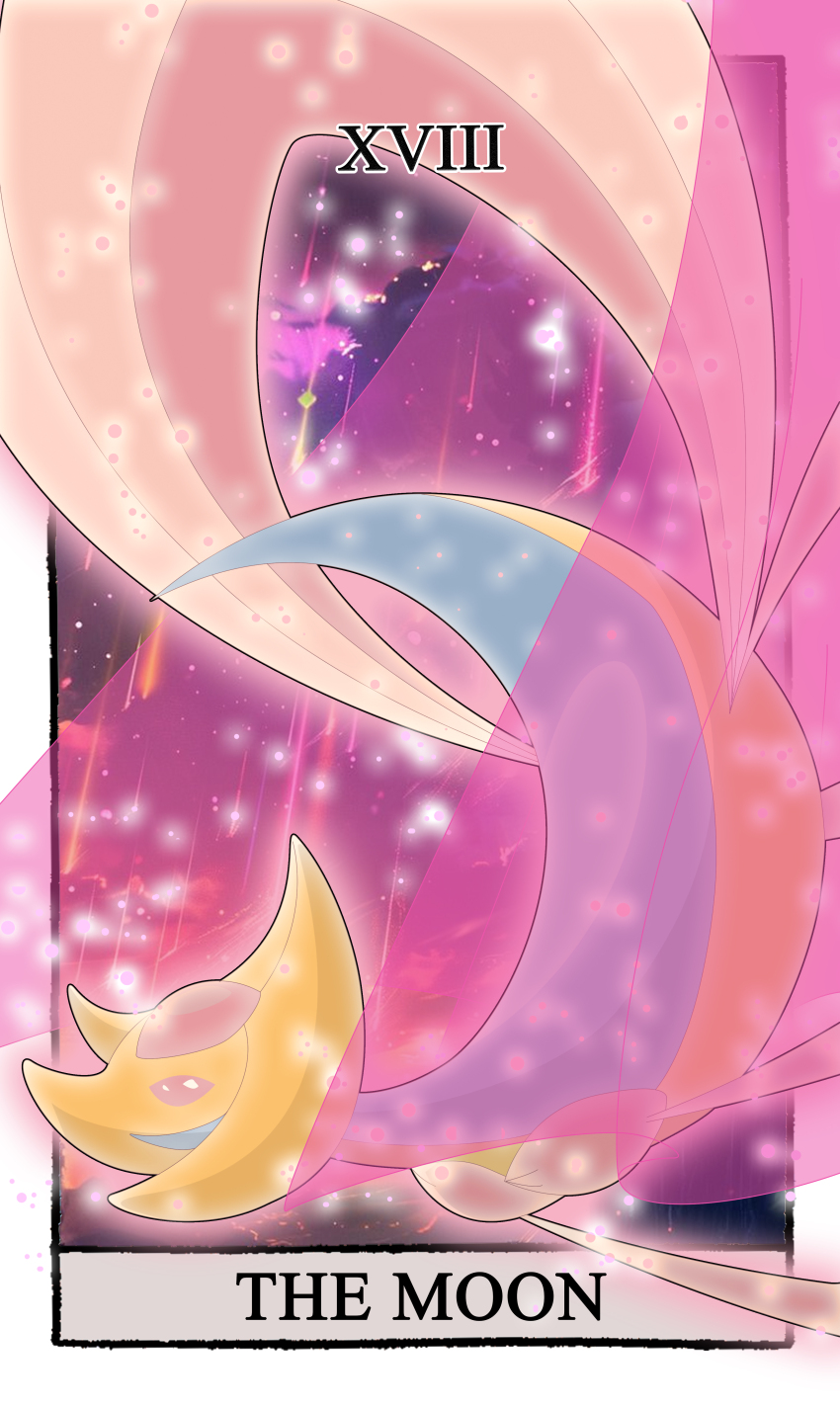 absurdres border card_(medium) carrotzmoonman commentary cresselia english_commentary full_body gen_4_pokemon highres legendary_pokemon light_particles nintendo no_humans pink_eyes pokemon pokemon_(creature) roman_numeral screenshot_background sparkle tarot tarot_(medium) the_moon_(tarot) white_border