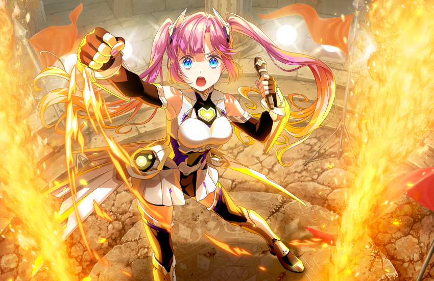 1girl anyoji_hime arena armpits black_gloves black_thighhighs blonde_hair blue_eyes blunt_bangs breasts clenched_hands elbow_gloves fanfare!!!_(love_live!) fingerless_gloves fire foot_out_of_frame game_cg gloves gradient_hair headpiece heart highres holding holding_microphone legs_apart link!_like!_love_live! long_hair looking_at_viewer love_live! medium_breasts microphone multicolored_hair official_alternate_costume official_alternate_hairstyle official_art open_mouth overskirt pink_hair raised_fist sidelocks sleeveless solo swept_bangs teeth thighhighs third-party_source twintails upper_teeth_only v-shaped_eyebrows very_long_hair virtual_youtuber
