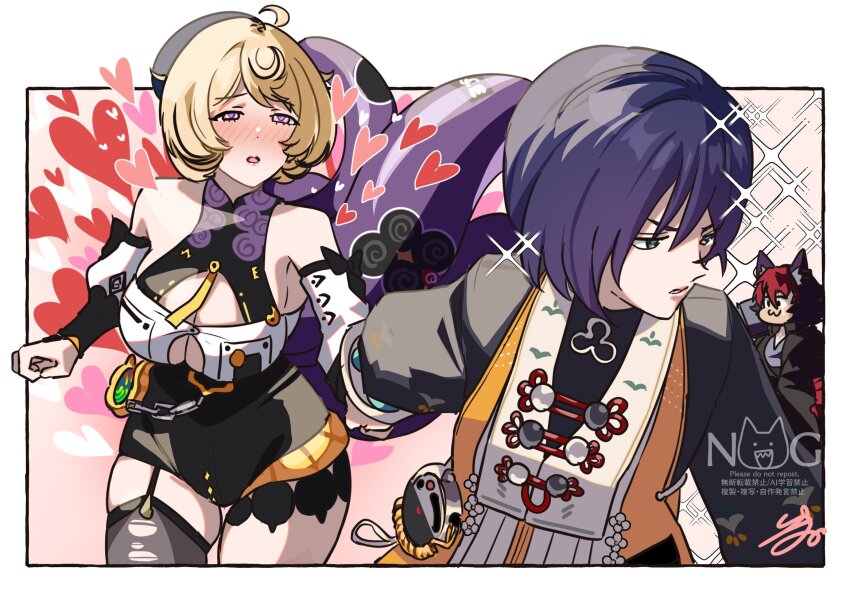 1boy 2girls :3 belle_(delicate_sunlight)_(zenless_zone_zero) belle_(zenless_zone_zero) beret bishie_sparkle black_hair blonde_hair blue_hair blush cd_player hat heart heart-shaped_pupils highres holding_hands isuka multiple_girls purple_eyes red_hair short_hair single_thighhigh symbol-shaped_pupils tentacle_tail tentacles thighhighs yidhari_murphy yuri zenless_zone_zero
