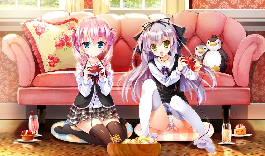 &gt;:d 2girls :d aqua_eyes black_legwear blush cake controller couch cup curtains drill_hair drink drinking_glass drinking_straw feet floral_print food fruit game_cg game_controller gamepad hair_ribbon hayakawa_harui highres jewelry light_purple_hair light_smile michioka_airi multiple_girls no_shoes open_mouth panties pantyshot pendant pillow pink_hair plaid_clothes plaid_skirt plate playing_games pocky ribbon shoujo_shin&#039;iki_shoujo_tengoku sitting skirt smile strawberry strawberry_shortcake striped_clothes striped_panties stuffed_animal stuffed_penguin stuffed_toy sweets takagi_sana thighhighs twin_drills twintails underwear v-shaped_eyebrows white_legwear window yellow_eyes youta zettai_ryouiki