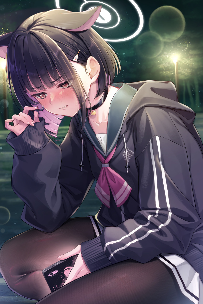1girl absurdres animal_ears bell black_choker black_coat black_hair black_pantyhose blue_archive blush cellphone choker clenched_teeth coat collarbone colored_inner_hair commentary_request embarrassed green_sailor_collar twirling_hair halo highres holding holding_phone hood hooded_coat kazusa_(blue_archive) lamppost multicolored_hair night outdoors pantyhose phone pink_hair pleated_skirt rice_rabbit22 sailor_collar shirt short_hair sidelocks skirt smartphone solo squatting teeth two-tone_hair white_shirt white_skirt