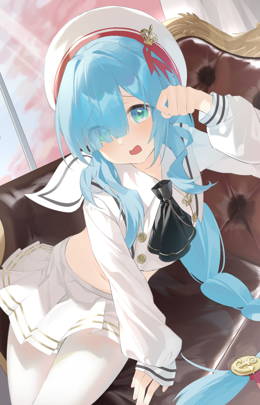 1girl absurdres anchor_hair_ornament anchor_symbol ascot azur_lane beret black_ascot blue_eyes blue_hair braid buttons commentary_request couch crop_top crown_hair_ornament curtains day eyes_visible_through_hair hair_ornament hand_up hat hat_ribbon highres indoors janus_(azur_lane) janus_(fear_of_changing...clothes)_(azur_lane) long_hair long_sleeves looking_at_viewer midriff nabenyaa navel official_alternate_costume on_couch open_mouth pantyhose pleated_skirt red_ribbon ribbon sailor_collar school_uniform shirt sitting skirt sunlight very_long_hair white_pantyhose white_sailor_collar white_shirt white_skirt window