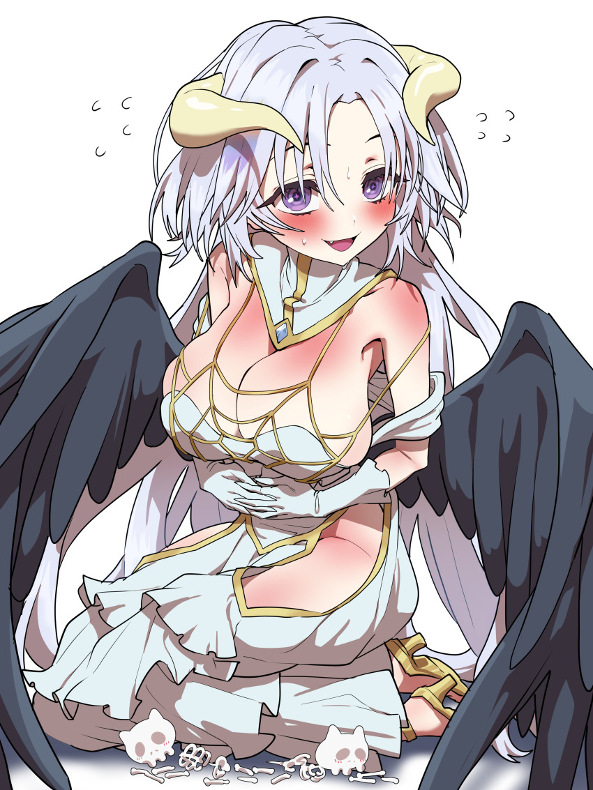 +_+ 1girl absurdres albedo_(overlord) albedo_(overlord)_(cosplay) alternate_breast_size alternate_hairstyle ayatsuno_yuni bare_shoulders black_wings blush bone breasts collar cosplay dress feathered_wings flying_sweatdrops gloves high_heels highres hip_vent horns interlocked_fingers kneeling large_breasts long_hair looking_at_viewer low_wings open_mouth overlord_(maruyama) own_hands_together parted_bangs purple_eyes shoes sigyongtoggi skull smile solo stellive very_long_hair white_collar white_dress white_gloves white_hair wings yellow_horns yellow_shoes