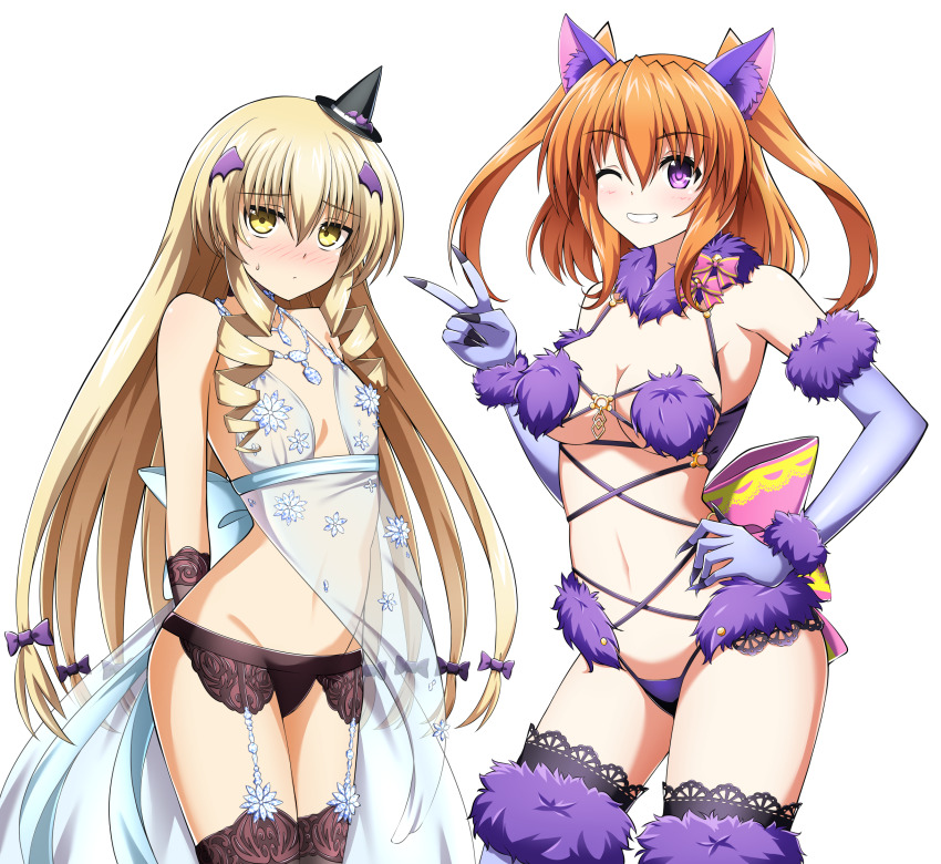 2girls animal_ears artoria_pendragon_(fate) artoria_pendragon_(lancer_alter)_(fate) artoria_pendragon_(royal_icing)_(fate) artoria_pendragon_(royal_icing)_(fate)_(cosplay) babydoll black_garter_belt black_panties black_thighhighs blonde_hair breasts chantez_apinion choker cosplay elbow_gloves embarrassed fabia_crozelg fate/grand_order fate_(series) flat_chest fur-trimmed_gloves fur-trimmed_legwear fur_bikini fur_collar fur_trim garter_belt gloves hair_between_eyes halloween_costume highres jewelry lace lace-trimmed_legwear lace_trim lingerie long_hair looking_at_viewer lyrical_nanoha mahou_shoujo_lyrical_nanoha_vivid mash_kyrielight mash_kyrielight_(dangerous_beast) mash_kyrielight_(dangerous_beast)_(cosplay) medium_breasts medium_hair multiple_girls navel necklace o-ring o-ring_top one_eye_closed orange_hair oshimaru026 panties purple_eyes purple_gloves purple_thighhighs revealing_clothes see-through_clothes smile snowflake_print thighhighs twintails underwear v very_long_hair wolf_ears yellow_eyes
