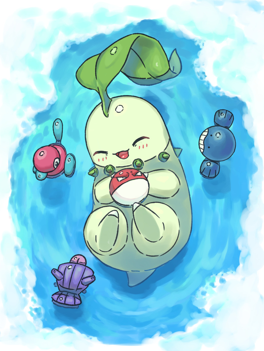 :d absurdres afloat chikorita closed_eyes commentary_request full_body game_freak gen_1_pokemon gen_2_pokemon gen_3_pokemon happy highres holding korean_commentary light_blush nintendo no_humans open_mouth pokemon pokemon_(creature) porygon2 raid_(donghyeok) shellder smile tongue voltorb wailmer water