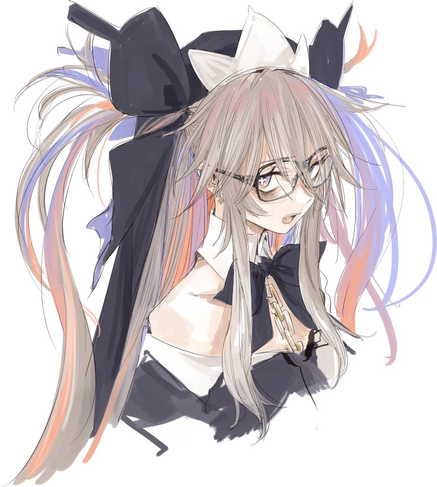 1girl absurdres bags_under_eyes bare_shoulders bespectacled black_dress black_ribbon black_veil bright_pupils brown_hair chain cropped_torso cross-shaped_pupils detached_collar dress ear_piercing glasses halterneck highres hijirime_laeria ikuhana_niiro indie_virtual_youtuber long_hair looking_at_viewer multicolored_hair neck_ribbon off-shoulder_dress off_shoulder open_mouth orange_hair piercing purple_eyes purple_hair ribbon simple_background solo streaked_hair symbol-shaped_pupils two_side_up upper_body veil virtual_youtuber white_background white_pupils