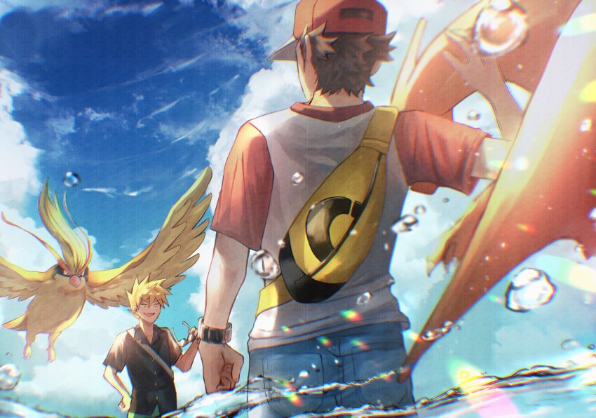 2boys :d black_shirt blonde_hair blue_oak blue_pants charizard clenched_hand cloud collared_shirt commentary creatures_(company) day game_freak gen_1_pokemon green_pants hand_on_own_hip hand_up hat highres holding holding_removed_eyewear male_focus multiple_boys nintendo open_mouth outdoors pants pidgeot pokemon pokemon_sm red_(pokemon) red_hat shirt shiruko_(s1ruko) short_hair short_sleeves sky smile spiked_hair sunglasses symbol-only_commentary t-shirt unworn_eyewear water water_drop yellow_bag