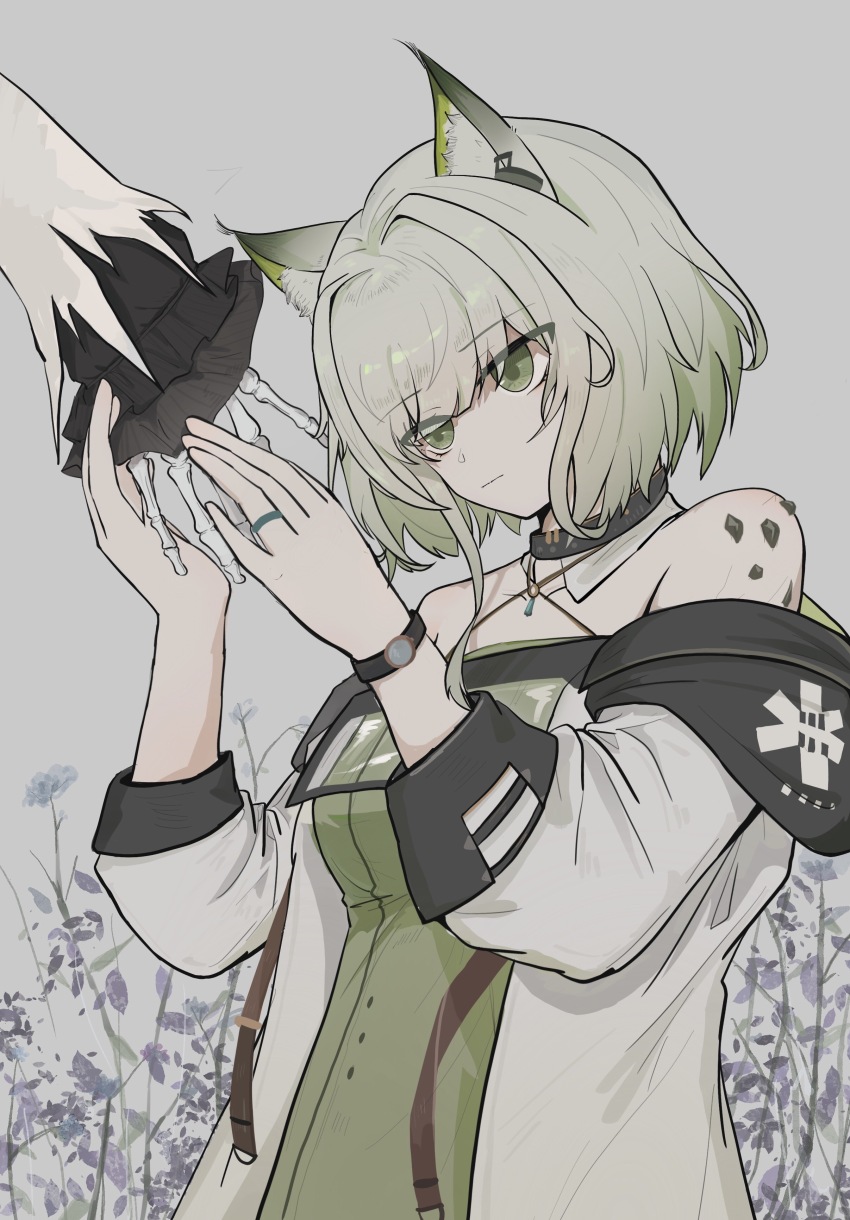 01252574 2girls absurdres animal_ear_fluff animal_ears arknights bare_shoulders chinese_commentary closed_mouth commentary_request dress green_dress green_eyes green_hair grey_background halterneck highres holding_hands jewelry kal&#039;tsit_(arknights) looking_at_hand material_growth multiple_girls off_shoulder oripathy_lesion_(arknights) out_of_frame ring short_hair skeleton skeleton_hands solo_focus theresa_(arknights) watch white_dress wristwatch