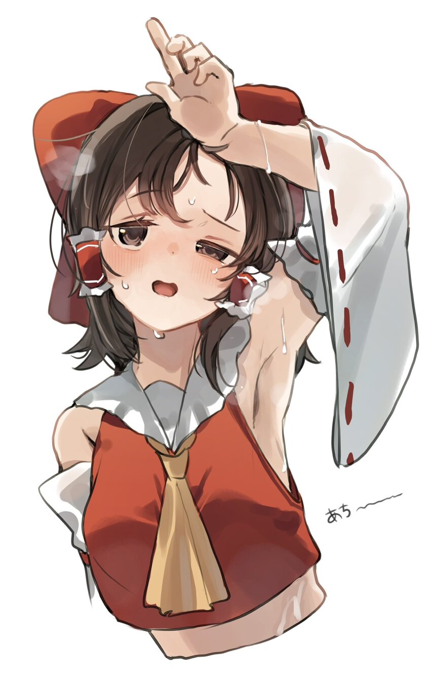 1girl arm_up armpits ascot blush bow breasts brown_eyes brown_hair collared_shirt commentary_request cropped_torso detached_sleeves frilled_hair_tubes frills hair_tubes hakurei_reimu higa_(gominami) highres hot long_sleeves looking_at_viewer medium_breasts medium_hair midriff open_mouth red_bow red_shirt ribbon-trimmed_sleeves ribbon_trim shirt sleeveless sleeveless_shirt solo sweat touhou upper_body white_background white_sleeves wide_sleeves yellow_ascot