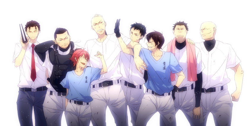 6+boys ace_of_diamond bad_id bad_pixiv_id bald baseball_uniform black_hair gloves highres hiramatsu_(rama) isashiki_jun kominato_ryousuke male_focus masuko_tooru miyauchi_keisuke multiple_boys red_hair sakai_ichirou short_hair sportswear takigawa_chris_yuu tanba_kouichirou towel yuuki_tetsuya