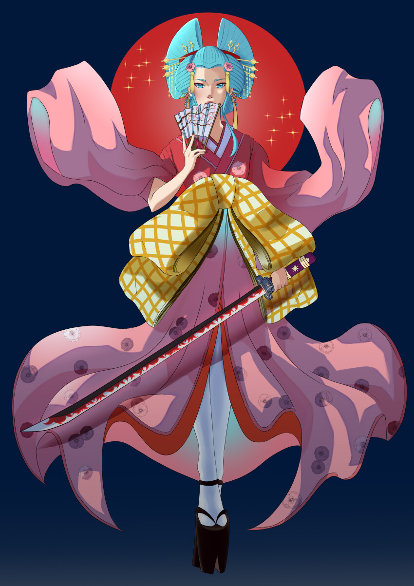 1girl absurdres aqua_eyes aqua_hair commentary flower full_body hair_flower hair_ornament hair_stick highres holding holding_sword holding_weapon japanese_clothes japanese_flag kasai_draws katana kimono kouzuki_hiyori looking_at_viewer nail_polish nihongami oiran one_piece pink_flower red_nails solo standing sword weapon