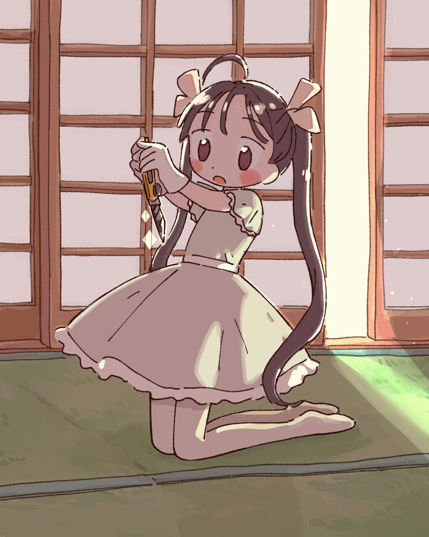 1girl 1nupool :o ahoge black_hair boxcutter commentary dress gloves highres indoors kneeling long_hair original pantyhose seppuku short_sleeves shouji sliding_doors solo symbol-only_commentary tatami twintails