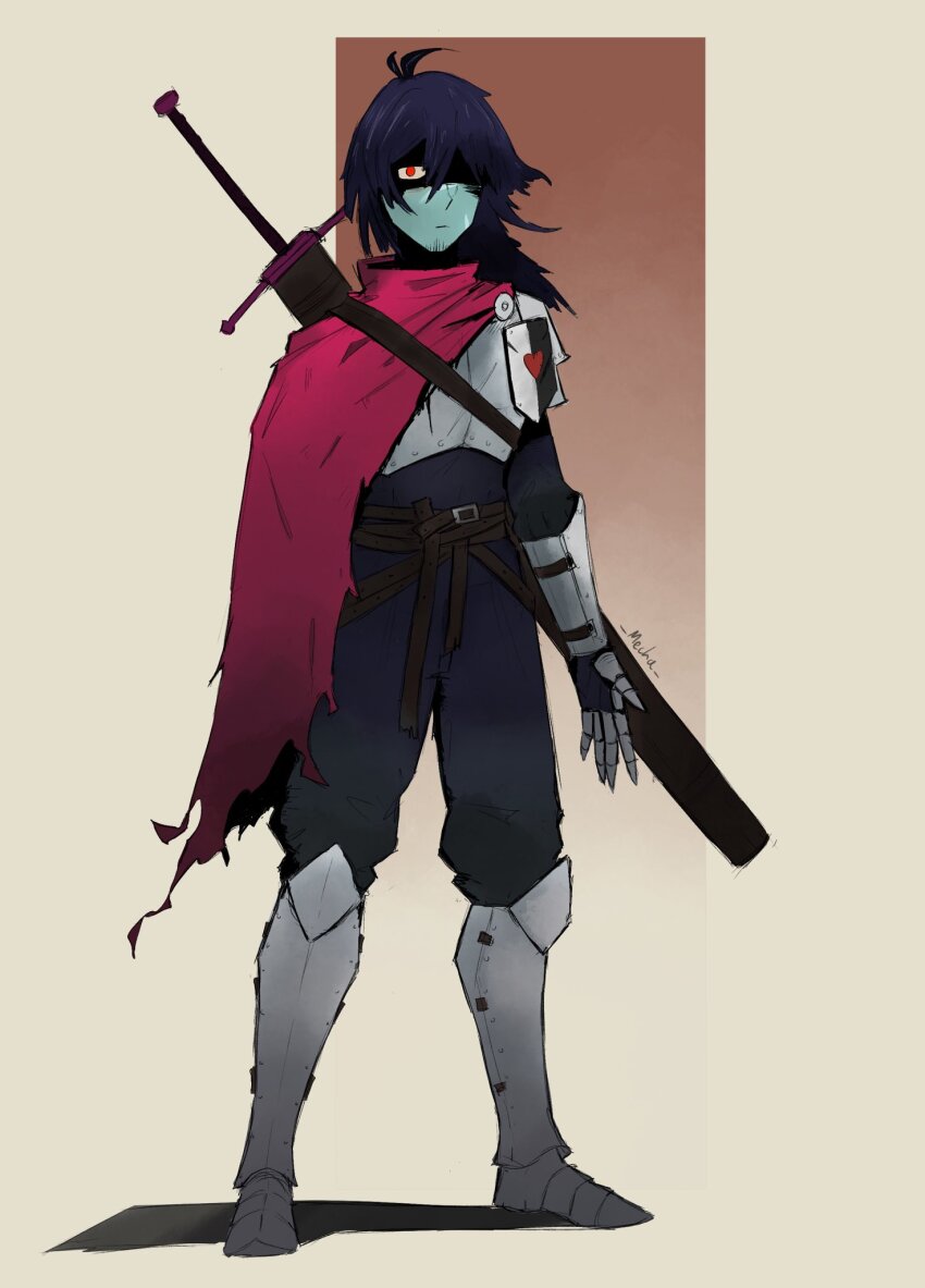 1other aged_up antenna_hair armor artist_name belt black_belt blue_hair blue_skin breastplate cape colored_skin commentary deltarune english_commentary expressionless facial_hair full_body gauntlets goatee_stubble greaves hair_between_eyes heart heart_print highres kris_(dark_world)_(deltarune) kris_(deltarune) looking_at_viewer mechamichal medium_hair one_eye_in_shadow pink_cape red_eyes sabaton shaded_face shoulder_strap solo stubble sword sword_on_back two-tone_background weapon weapon_on_back